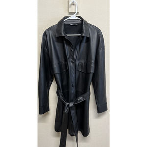 Zara Black Faux Leather Shirt Jacket Overshirt Size L Black Tie Belt Coat